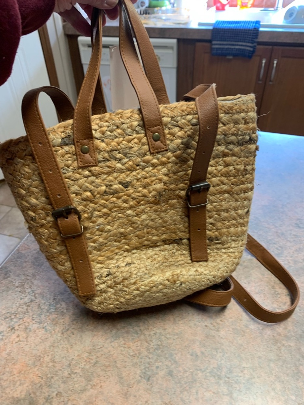 Woven Straw Backpack with Tan Leather Straps